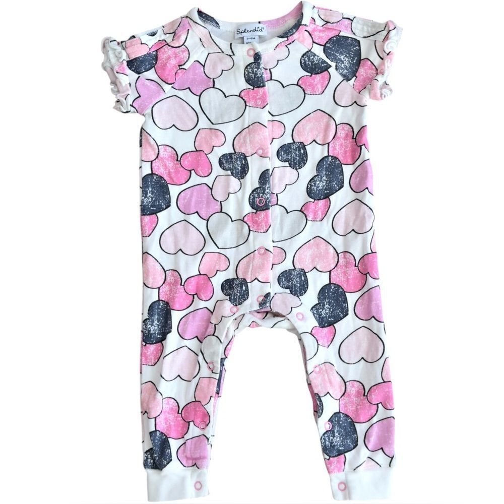 Splendid Baby Girl Short Sleeve Pink Heart Print One Piece Romper. 3-6 Months.